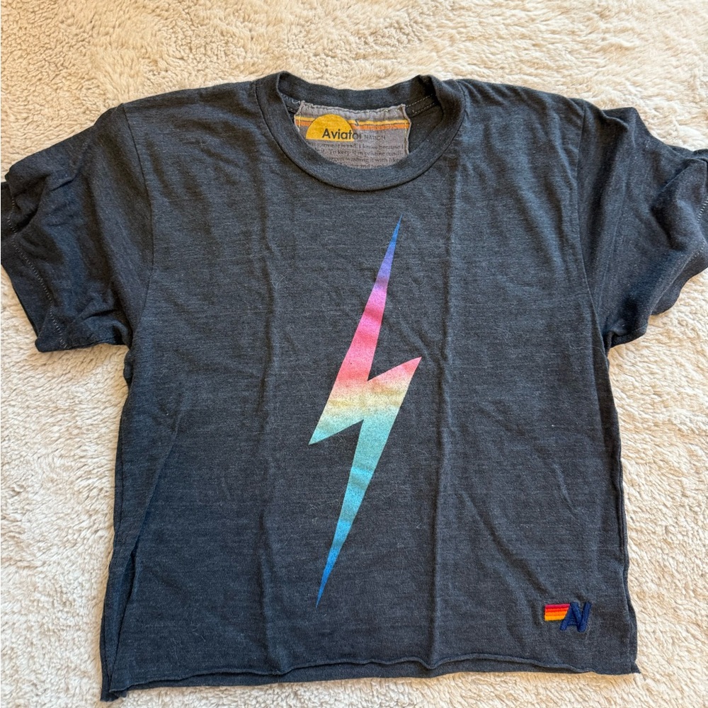 Aviator Nation Gray Lightning Bolt Cropped T Shirt